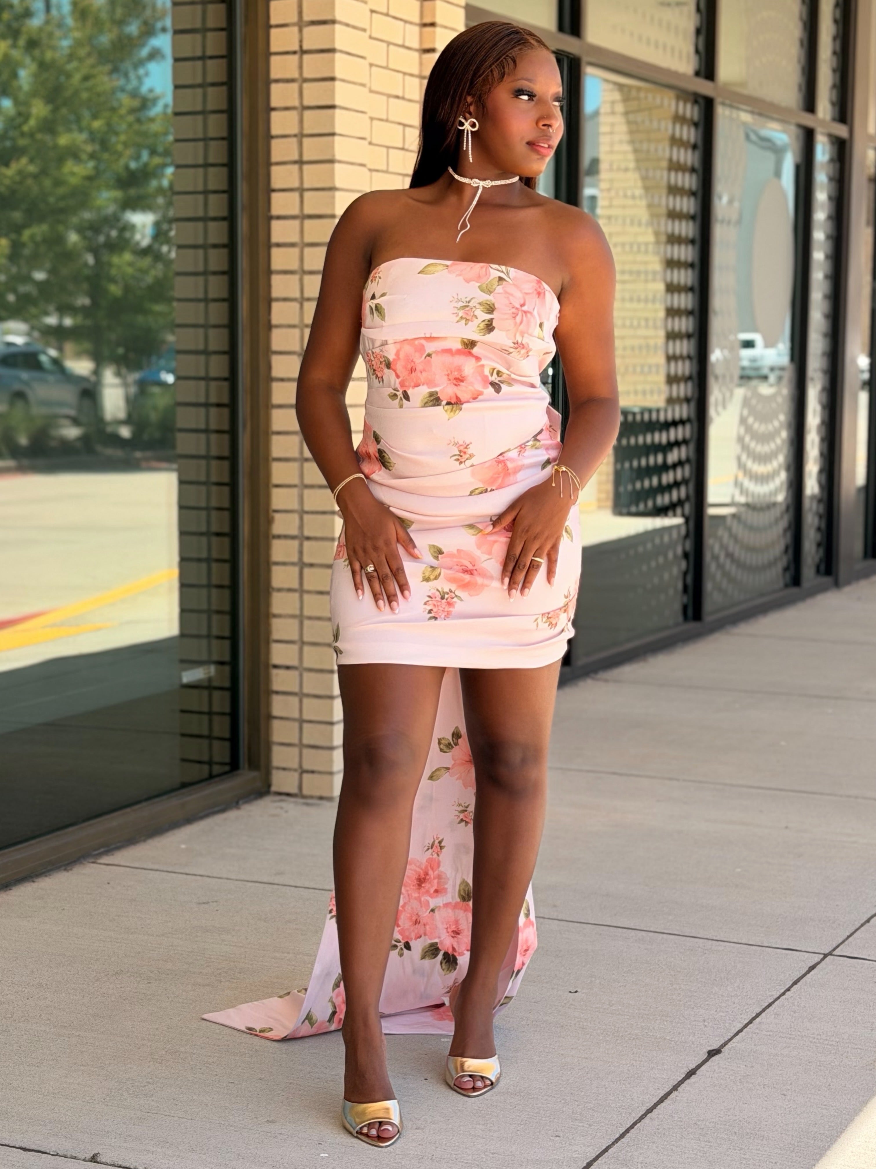 Molly Blush Pink Floral Bow Train Strapless Mini Dress