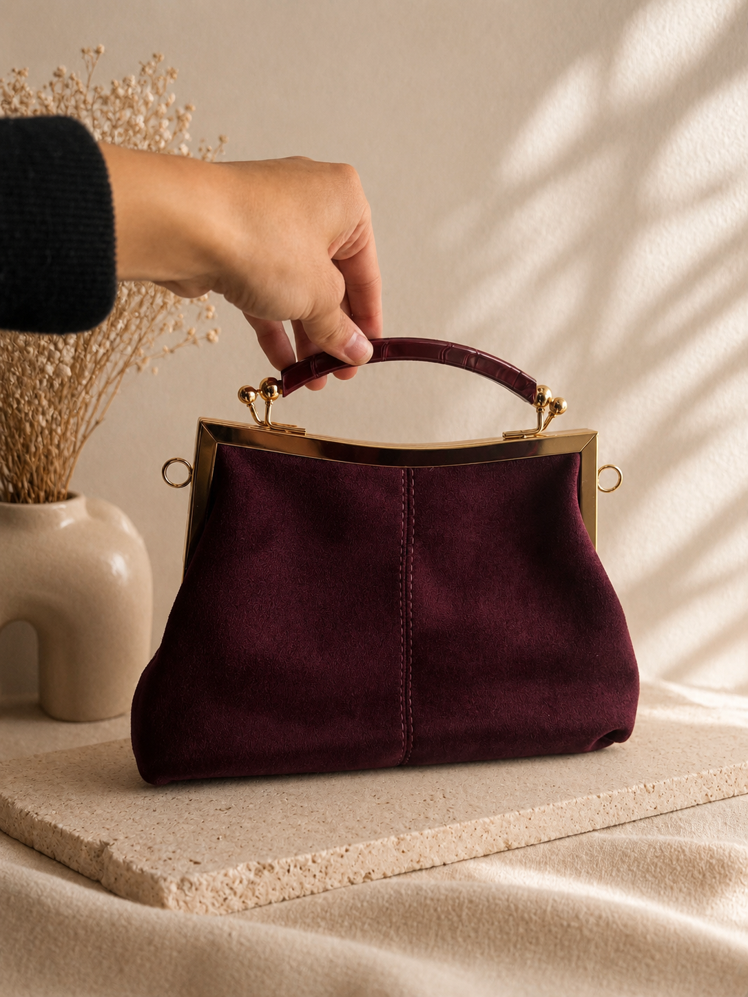 Suede Structured Top Handle Mini Bag
