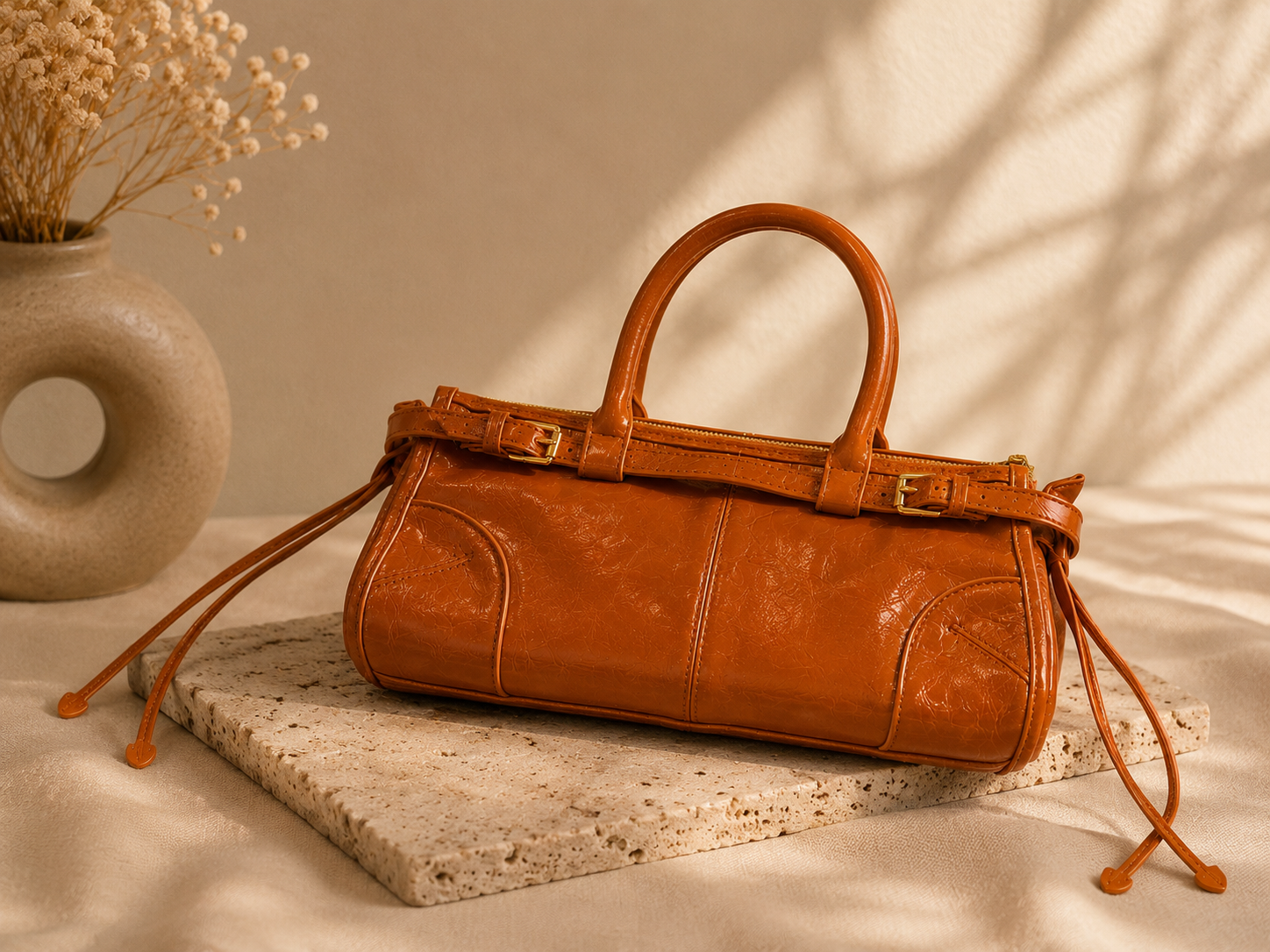 Sidney Tan Rectangle Bowler Satchel Bag