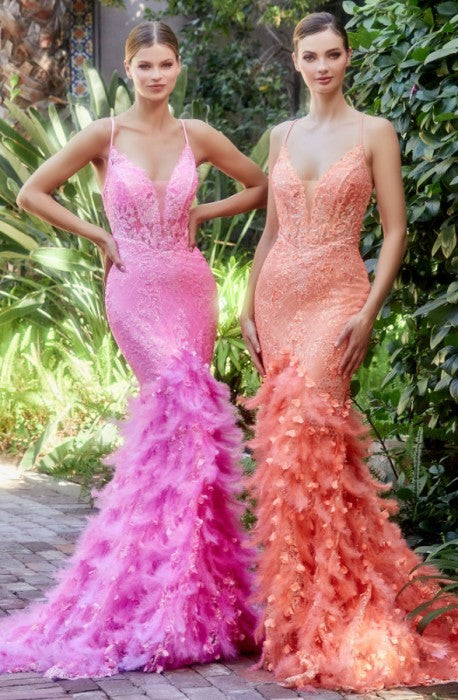 Marlo hot pink feather mermaid gown