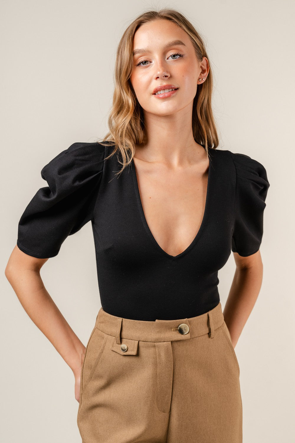 Savannah black deep v puff sleeve bodysuit