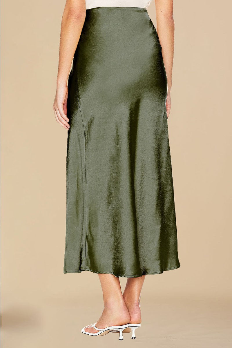 Ace green stretch satin midi skirt