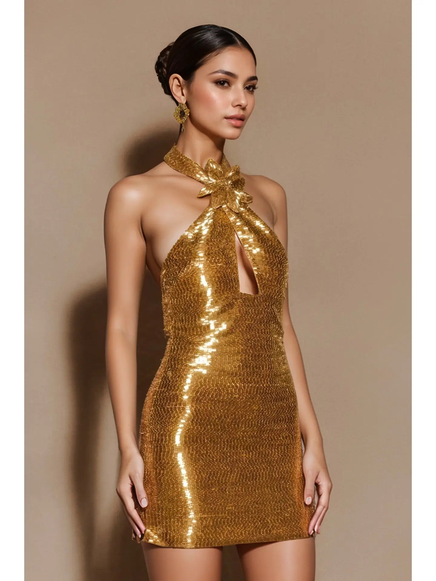 Zena Gold Sequin Halter Neck Mini Dress