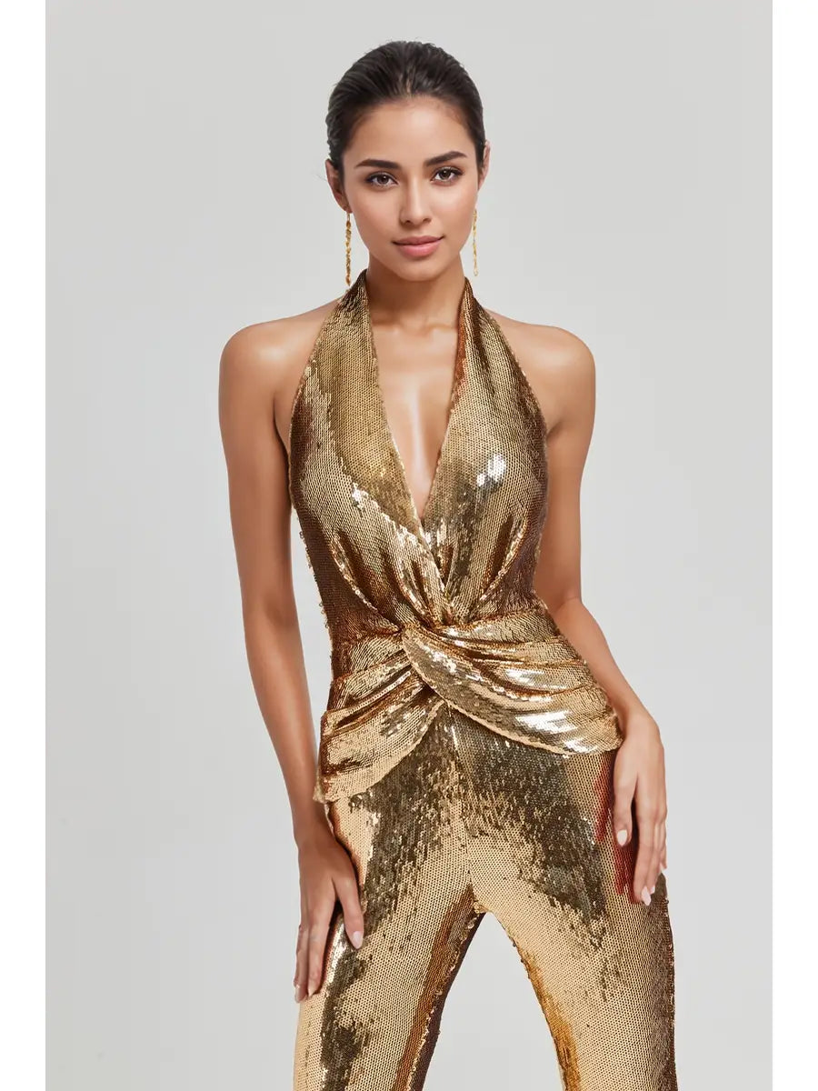 Trellis Gold Sequin Halter Sequin Jumpsuit
