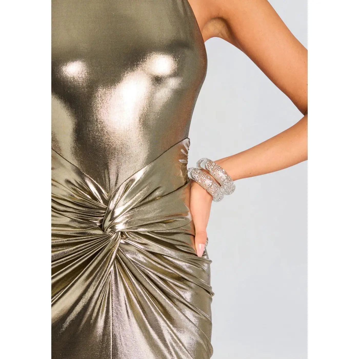 Alina Champagne Gold Leather Halter Midi With Front Slit