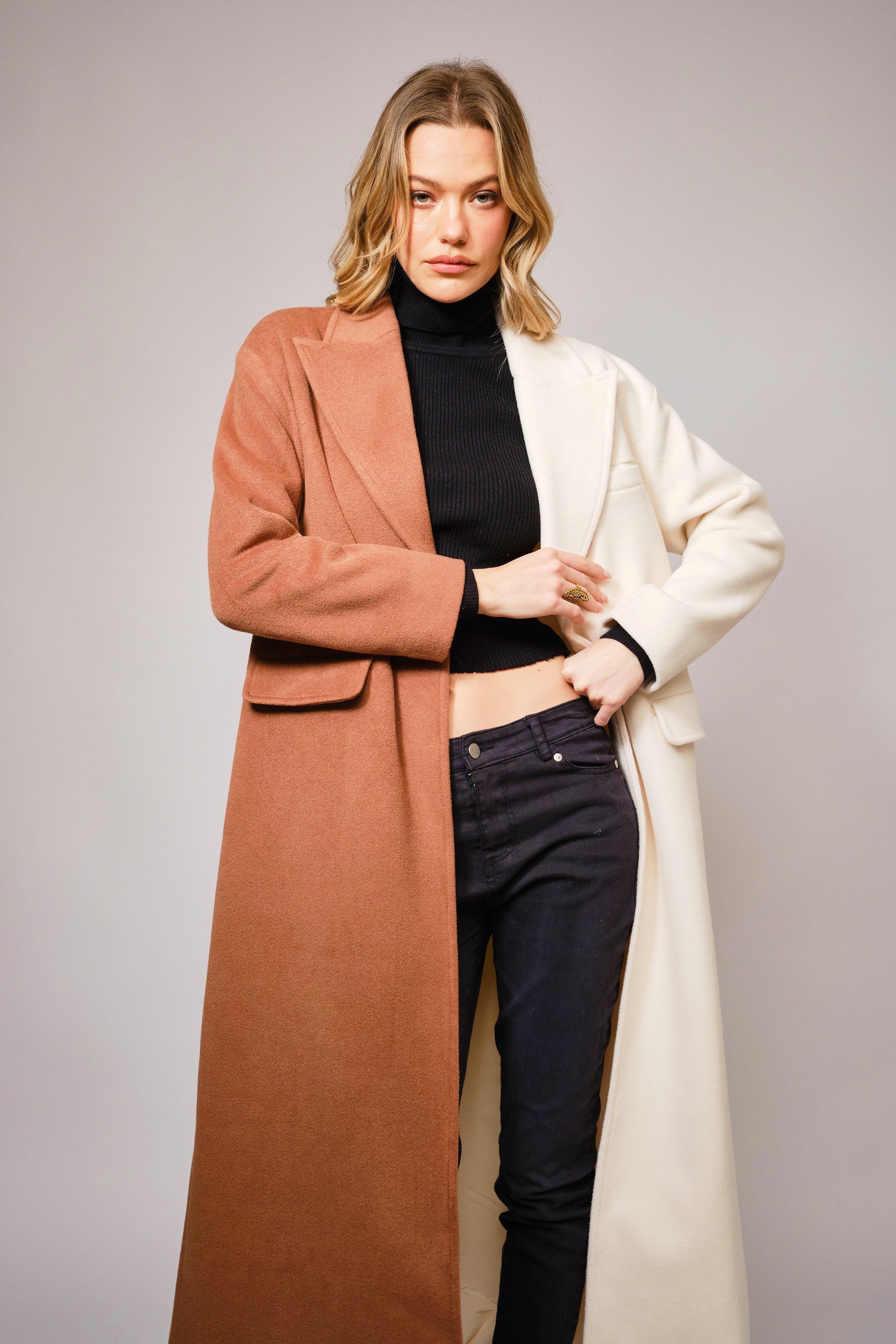 Olivia Carmel And Cream Color Block Long Coat