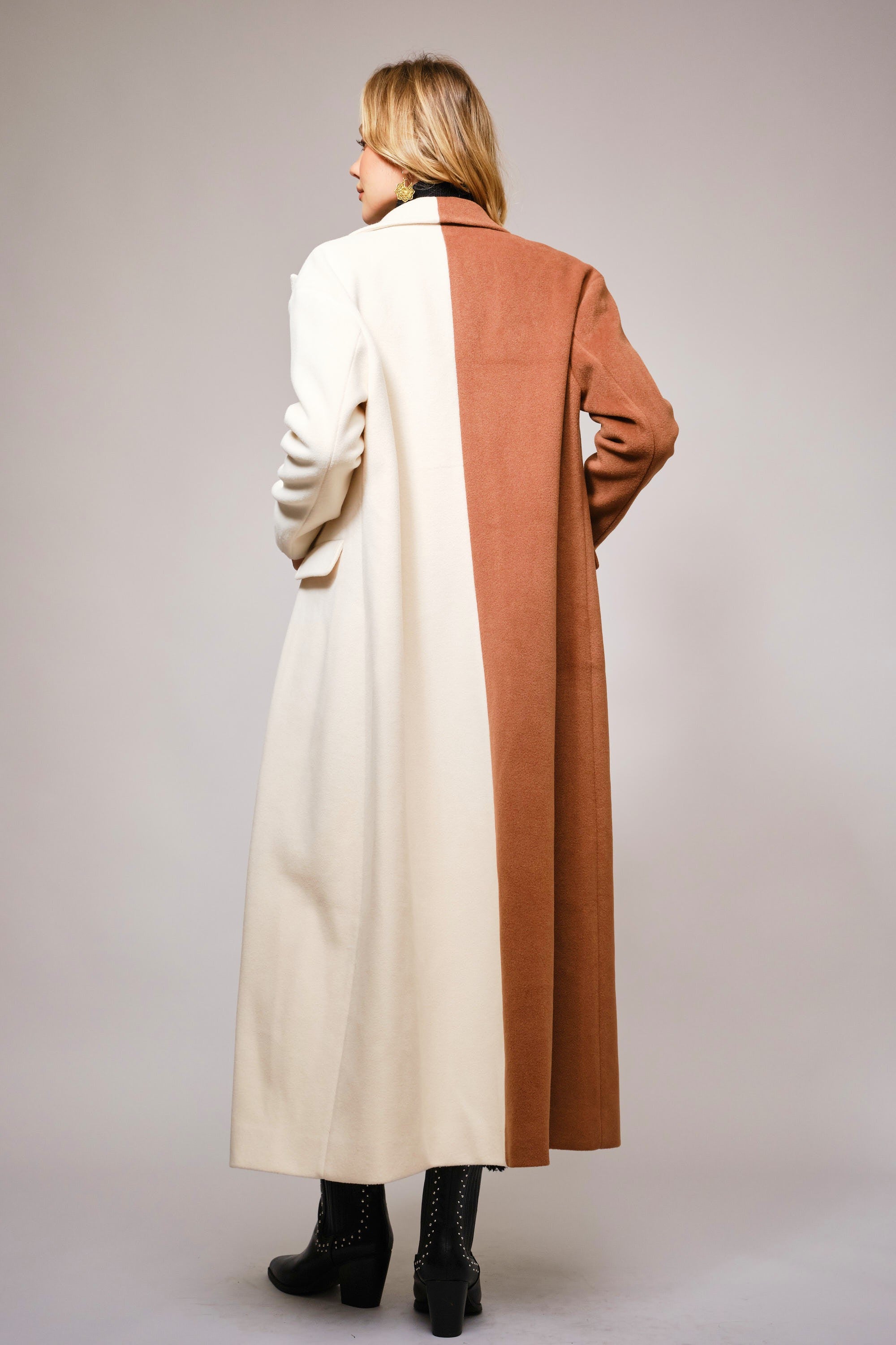 Olivia Carmel And Cream Color Block Long Coat