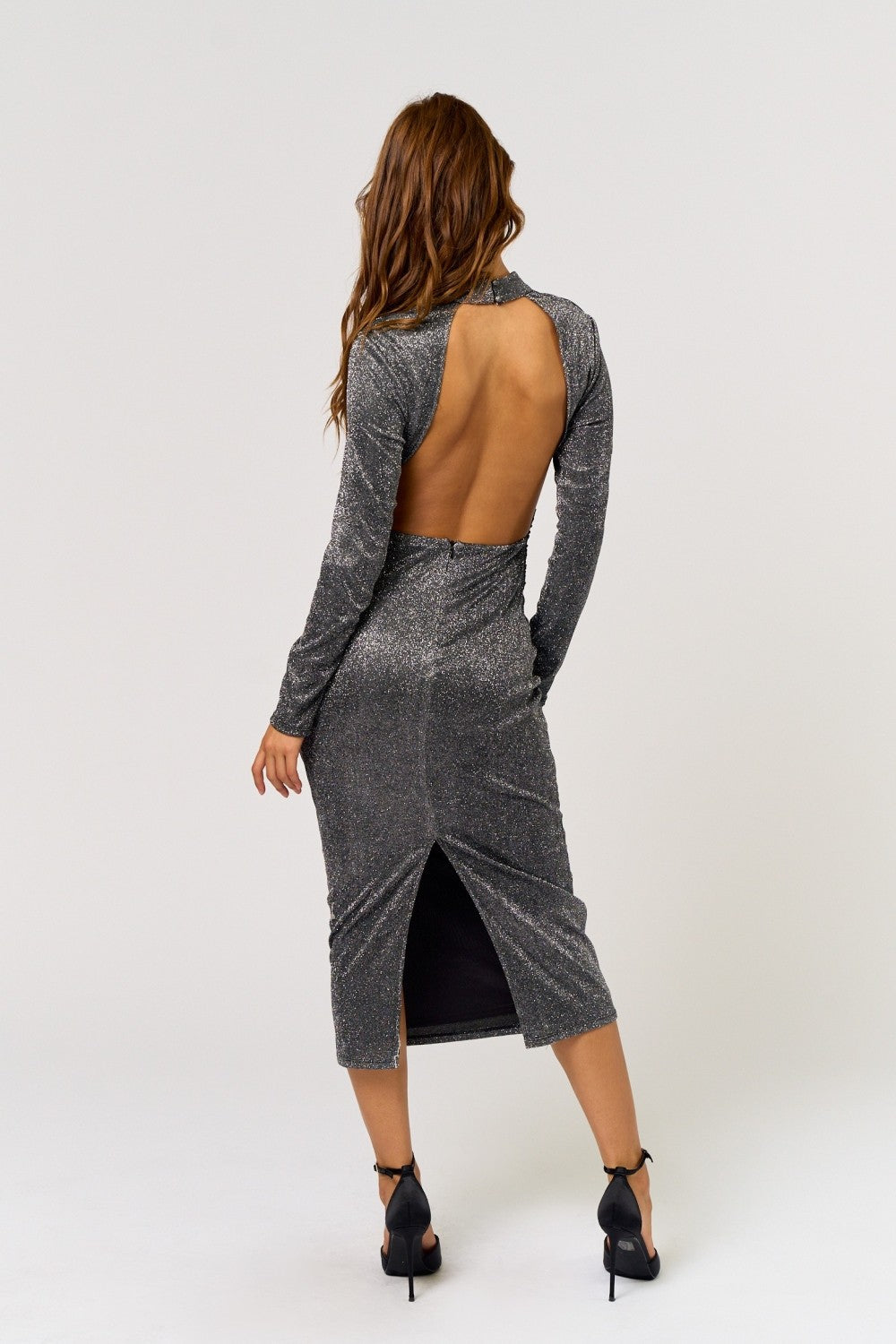 Penny Black Silver Glitter Mock Neck OPen Back Midi Dress