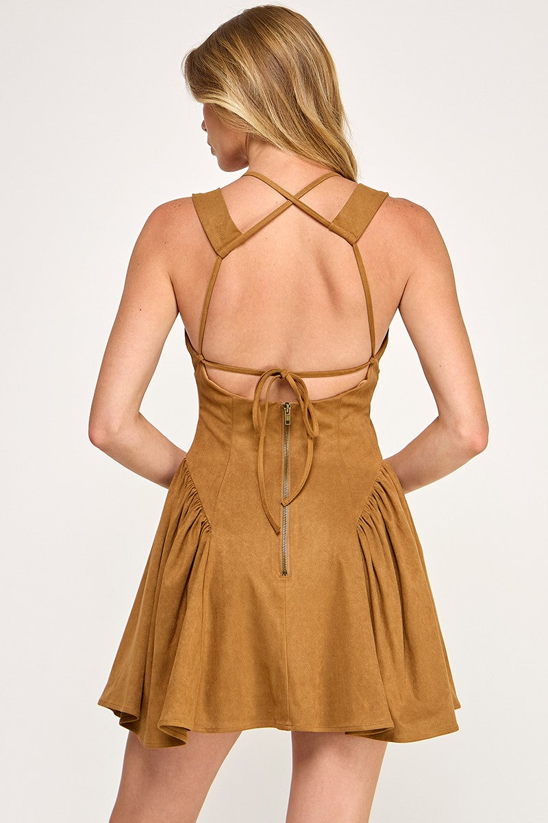 Sandra Camel Suede V Neck Mini Dress