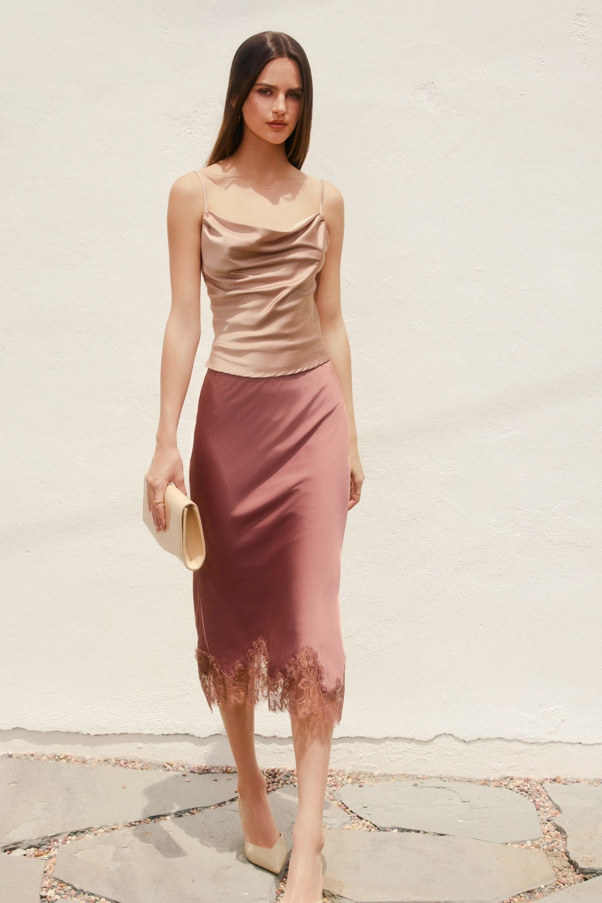 Layla Berry Rose Satin Midi Skirt With Lace Trim