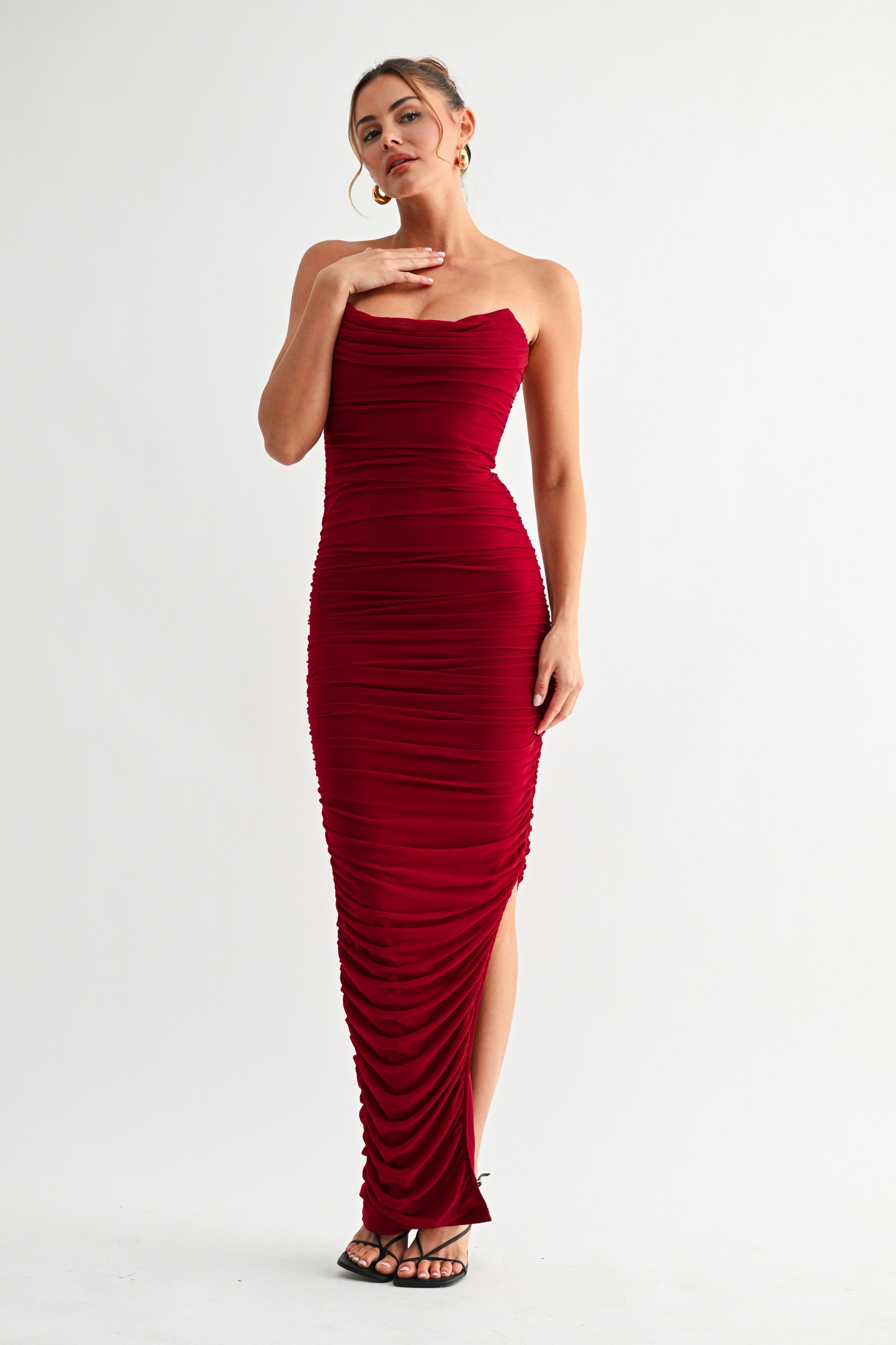 Eliana Ruby Wine Ruched Mesh Midi Dress
