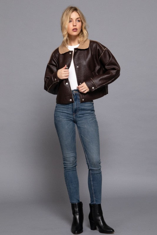 Amelia Dark Chocolate Faux Leather Inner Fur Crop Jacket