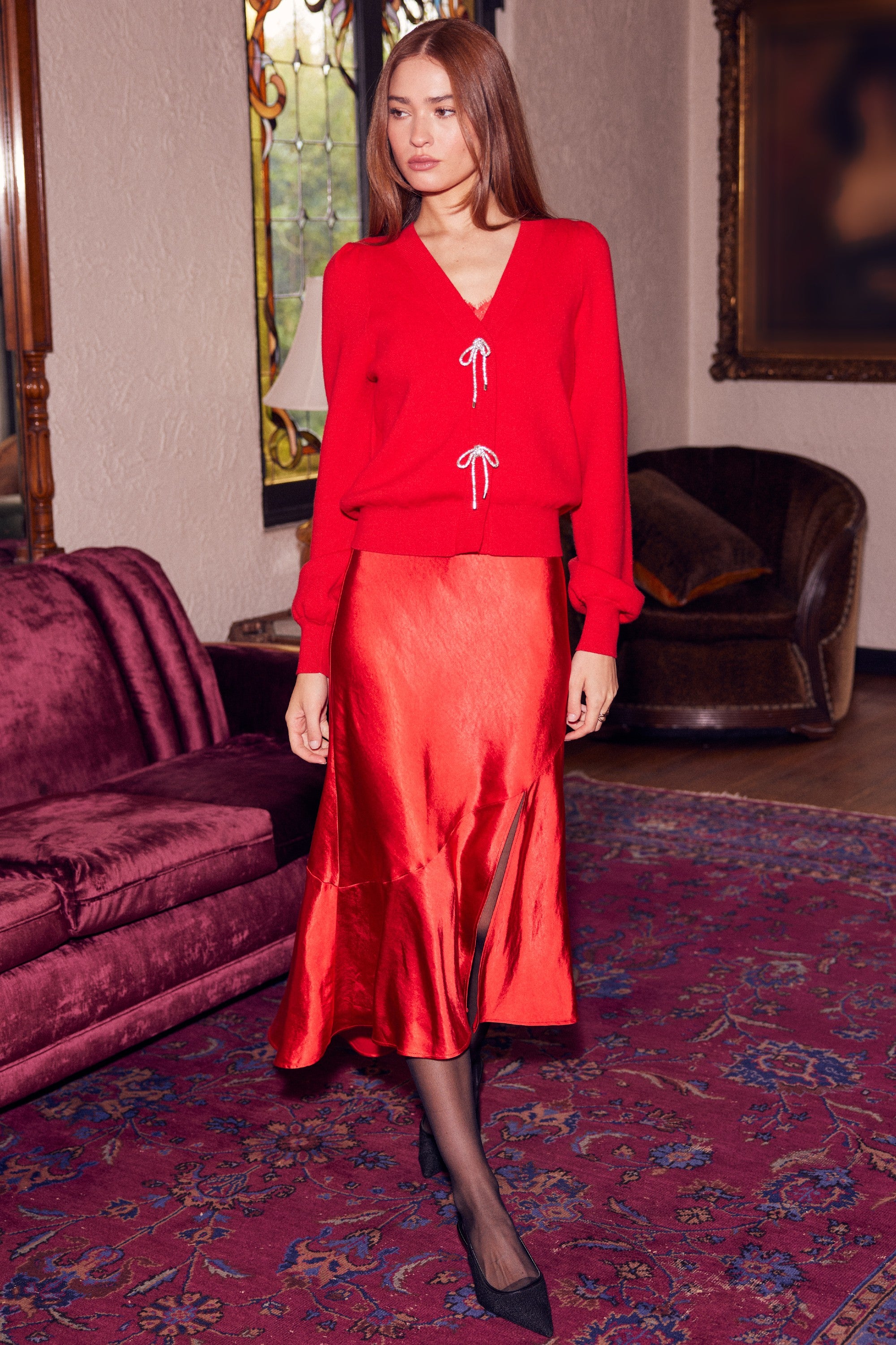 Mable Red Long Sleeve Ribbon Trim Sweater