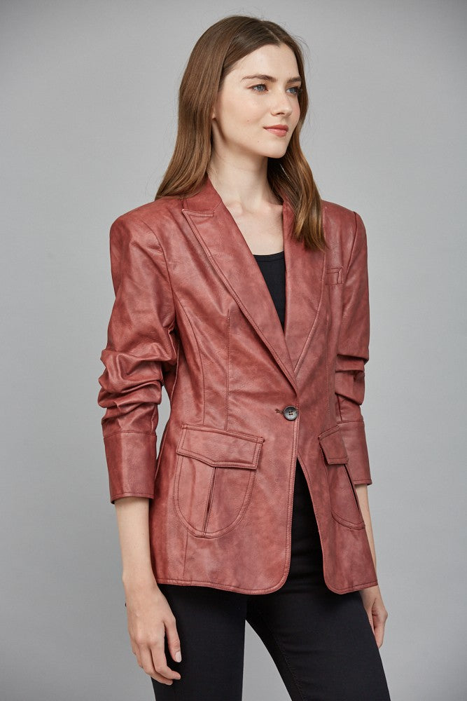 Kelsey Maroon Scrunched Sleeve Vegan Leather Blazer