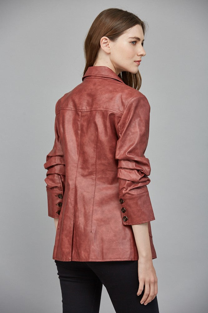 Kelsey Maroon Scrunched Sleeve Vegan Leather Blazer