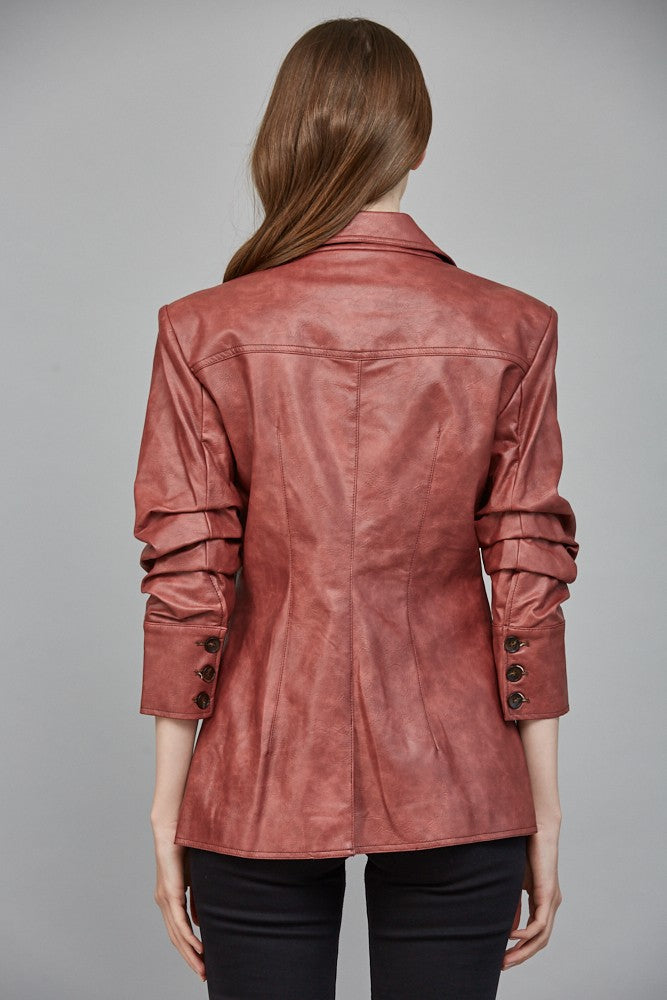 Kelsey Maroon Scrunched Sleeve Vegan Leather Blazer