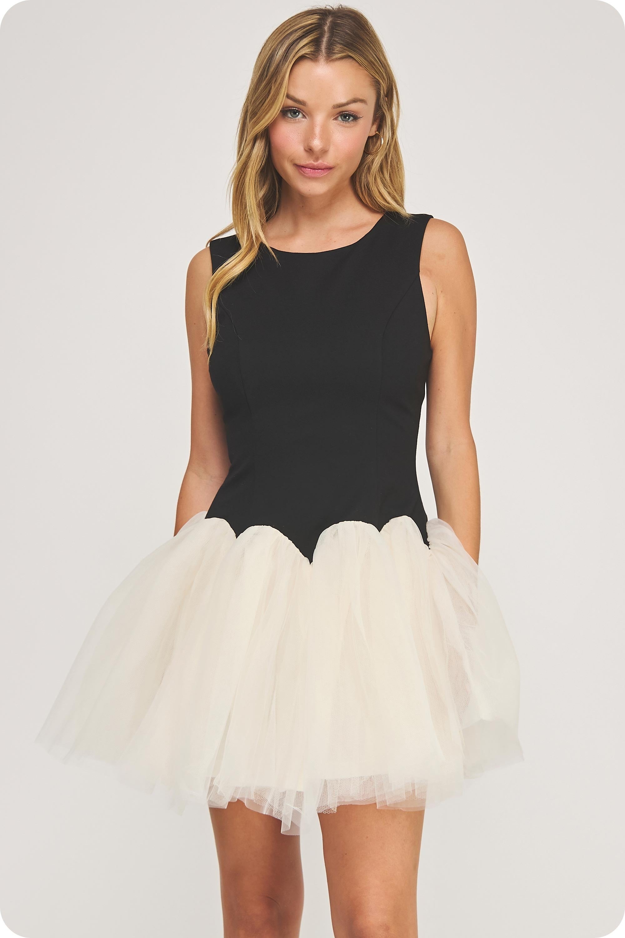 Polly Black and Cream Fit and Flare Tulle Bottom Mini Dress