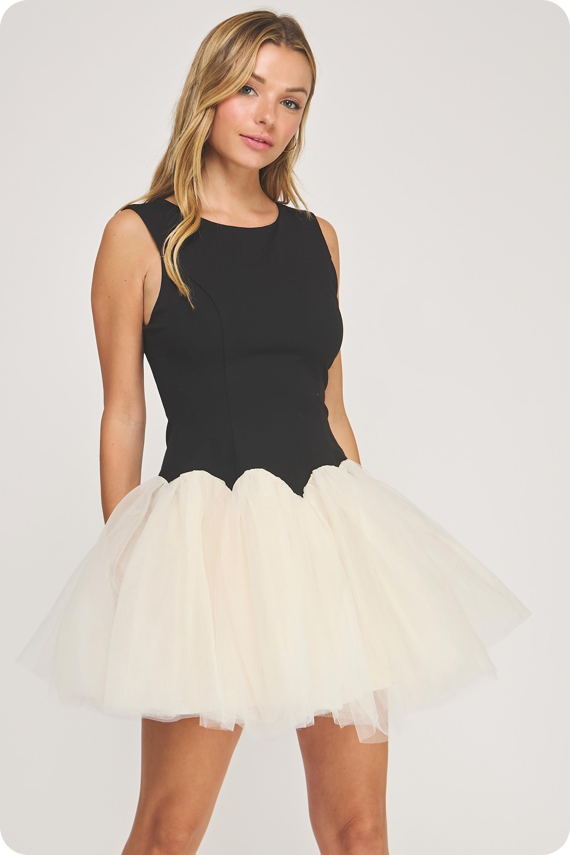 Polly Black And Cream Fit And Flare Tulle bottom Mini Dress