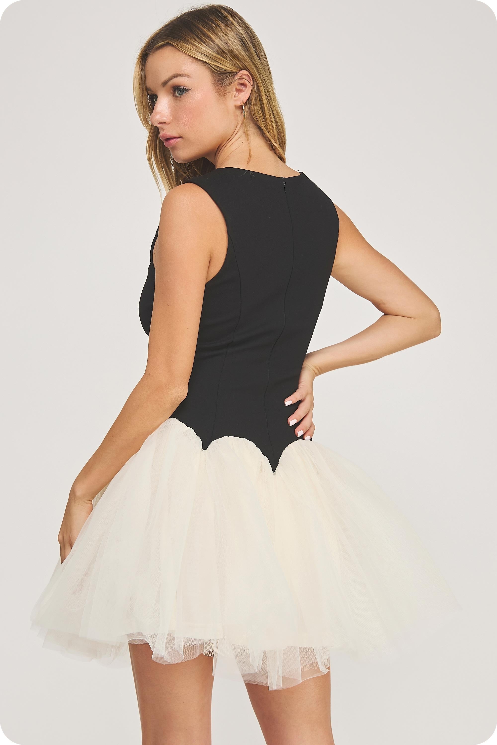 Polly Black and Cream Fit and Flare Tulle Bottom Mini Dress