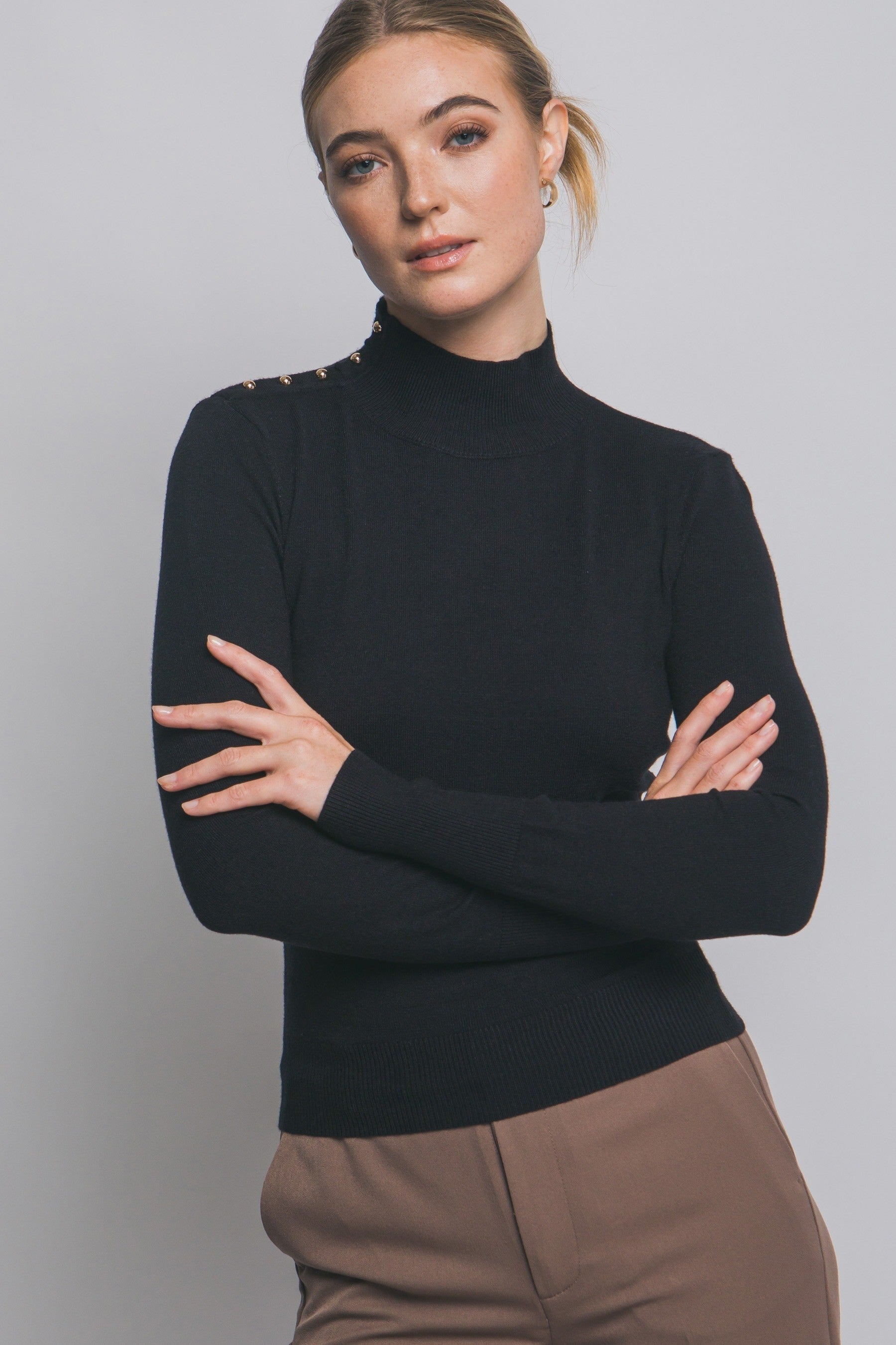 Blair Black Long Sleeve Sweater top with Gold Button Detail