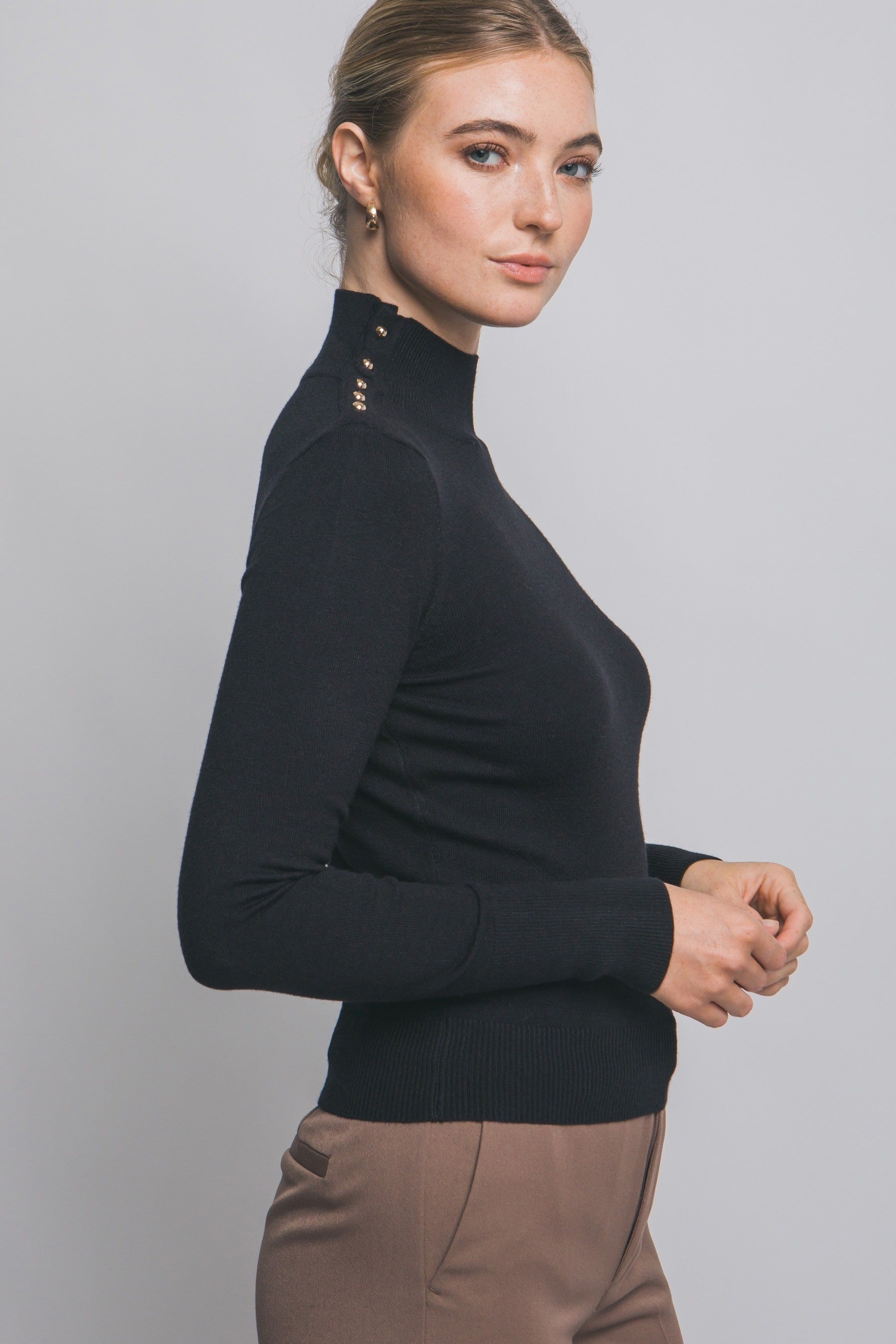 Blair Black Long Sleeve Sweater top with Gold Button Detail