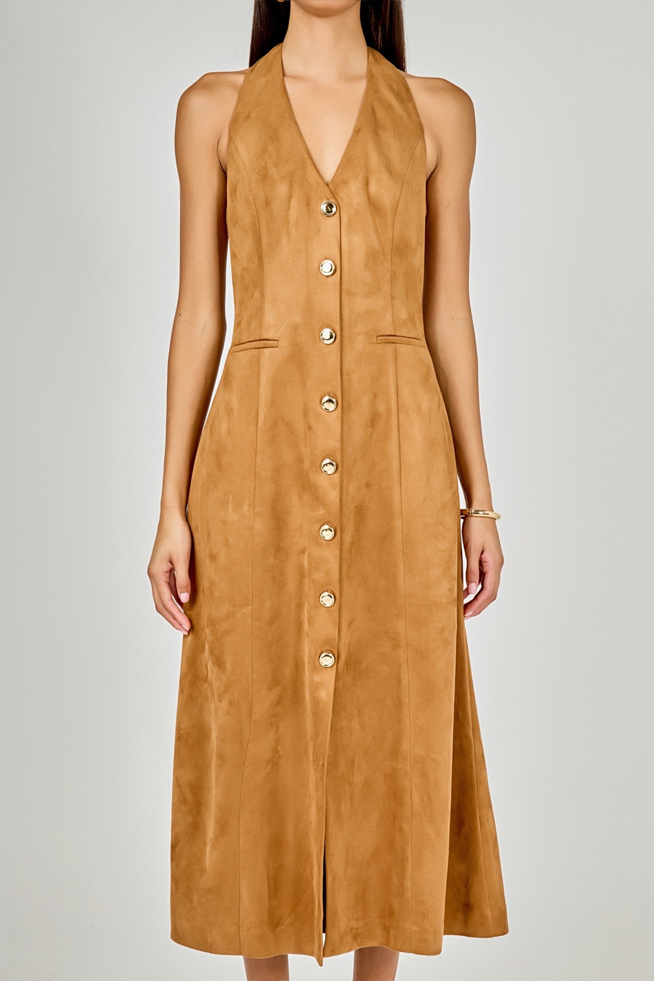 Layton Tan Suede Halter Midi Dress with Gold Buttons