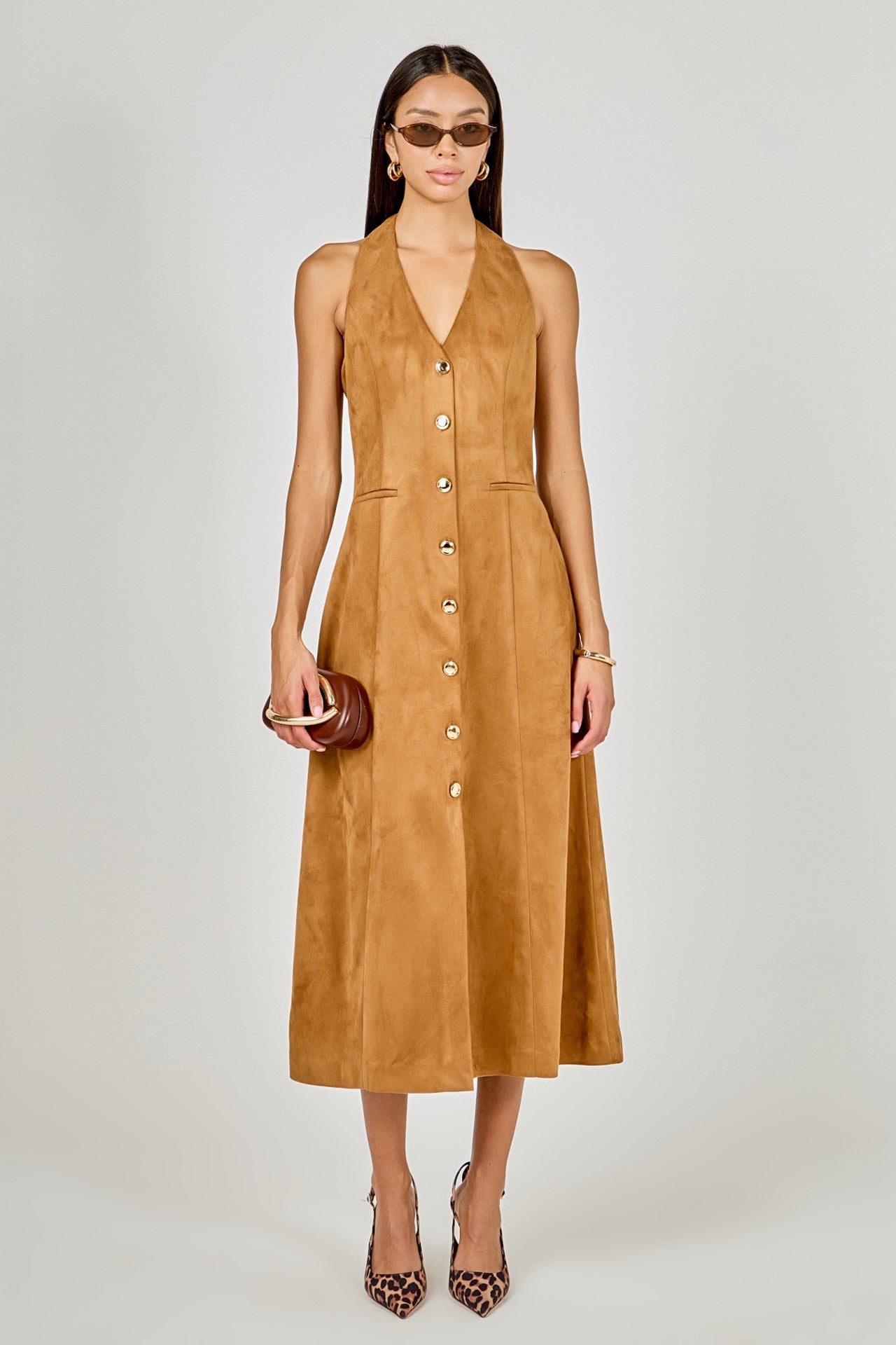 Layton Tan Suede Halter Midi Dress with Gold Buttons