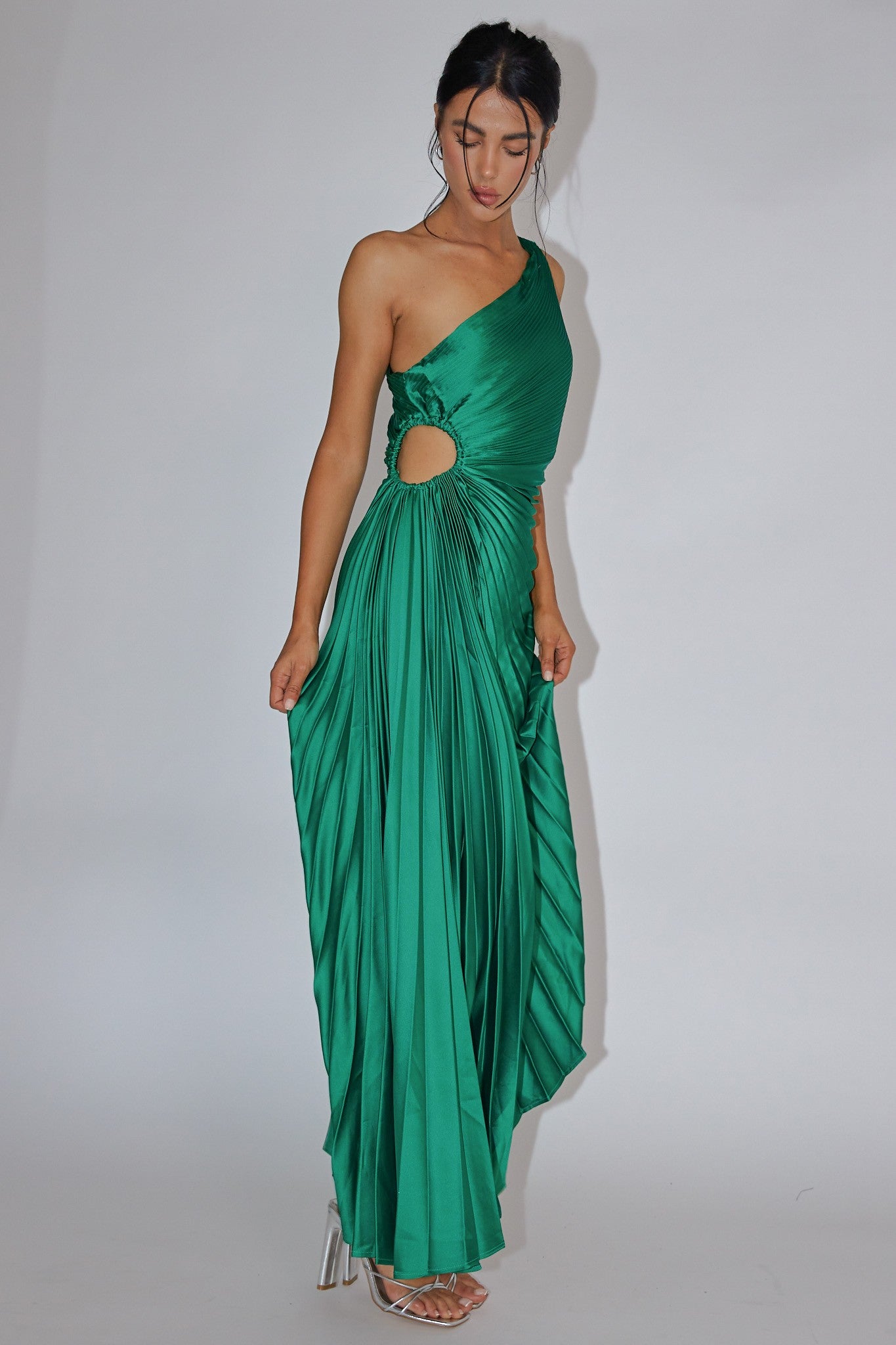 Madeline Kelly Green Satin One Shoulder Pleated Midi Dress