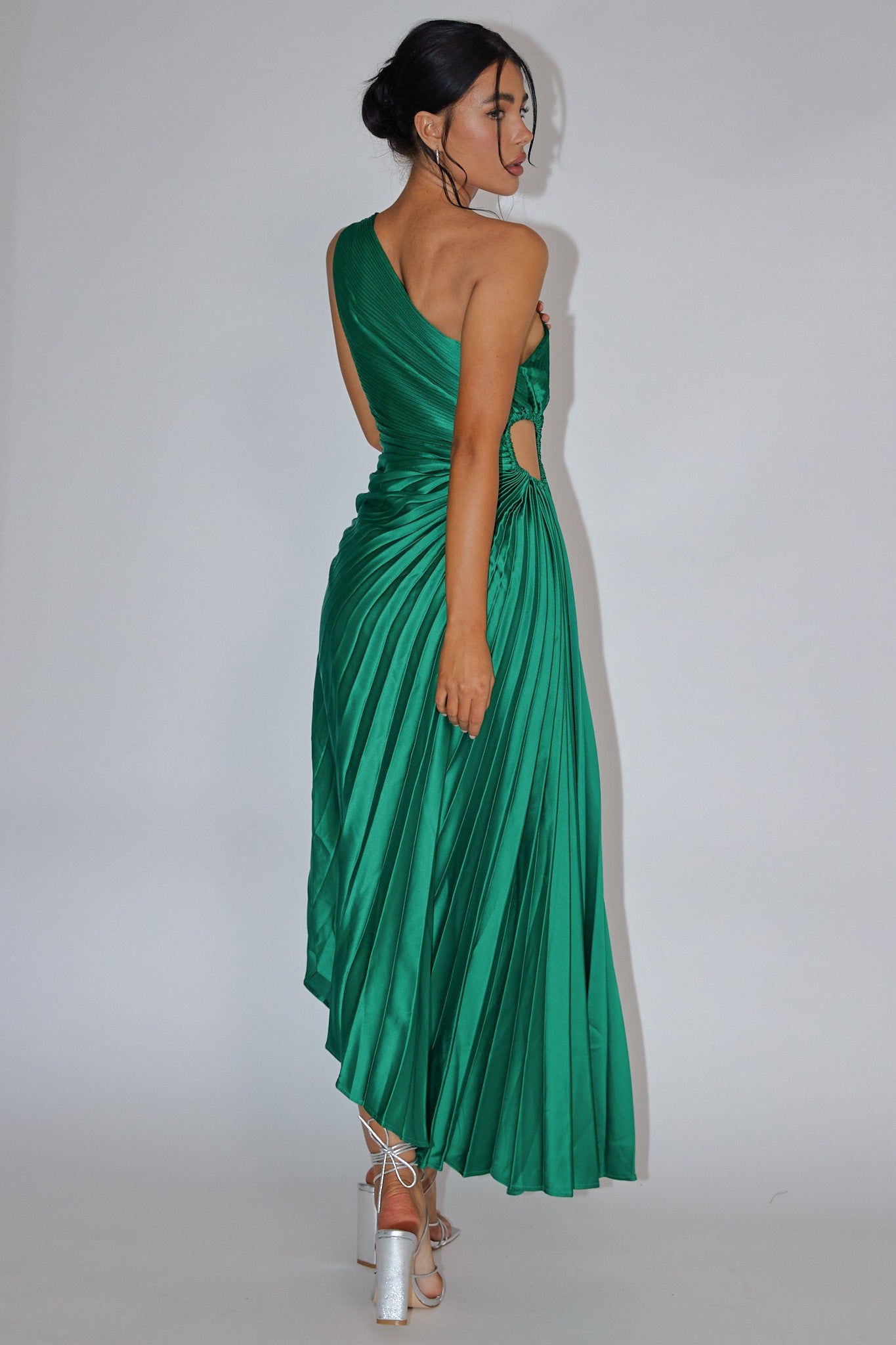 Madeline Kelly Green Satin One Shoulder Pleated Midi Dress