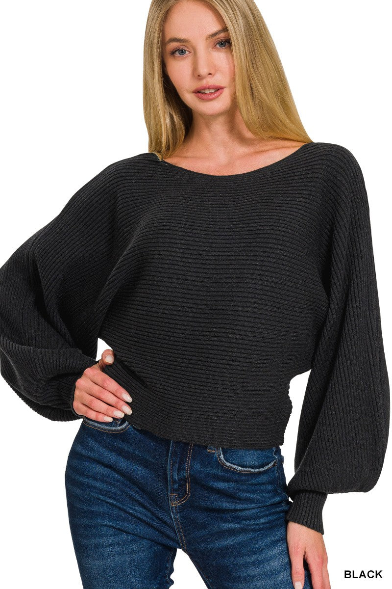 Daya Black Boatneck Lantern Sleeve Sweater Top