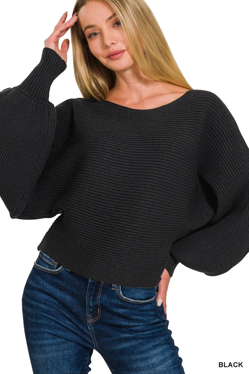 Daya Black Boatneck Lantern Sleeve Sweater Top