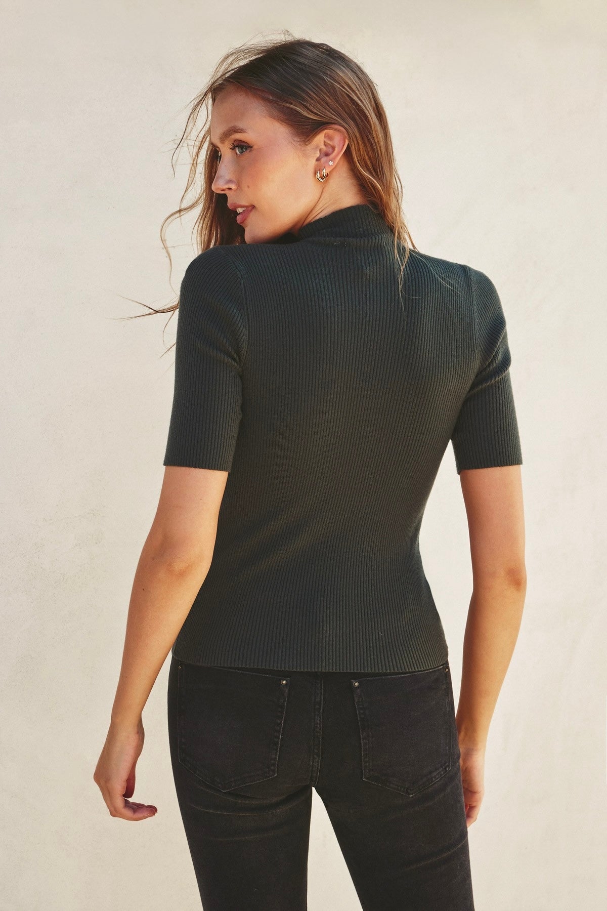 Mona Black Mock Neck Short Sleeve Ribbed Top