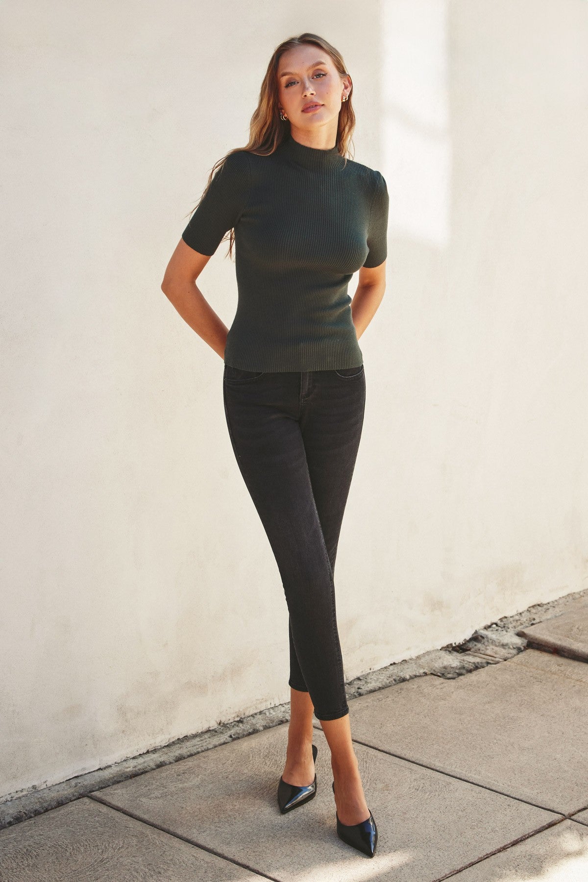 Mona Black Mock Neck Short Sleeve Ribbed Top