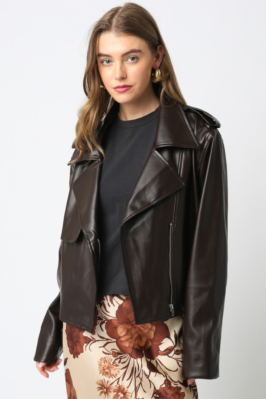 Nova Dark Chocolate Vegan Leather Motto Jacket