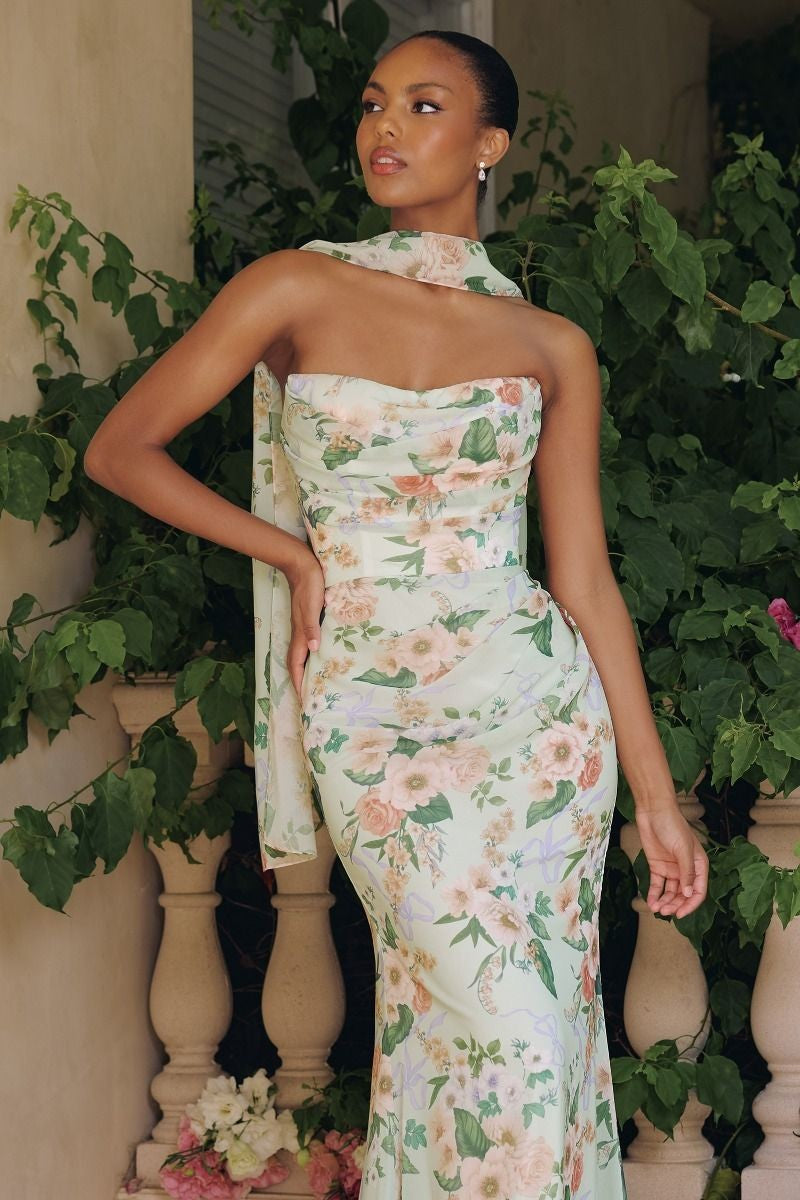 England Sage Floral Strapless Chiffon Formal With Detachable Scarf