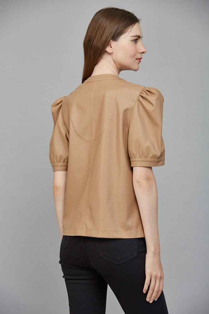 York mocha split neck pleather top