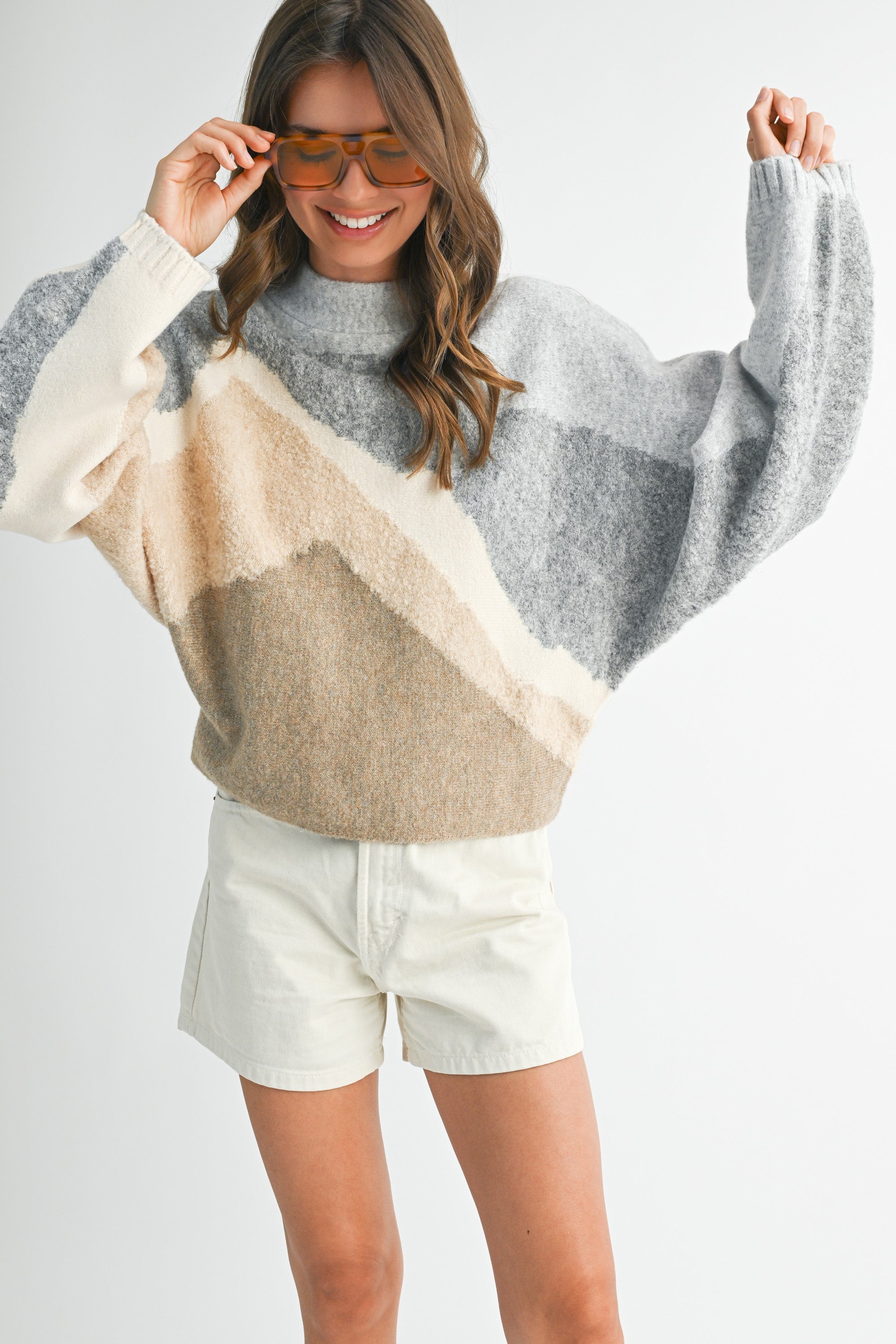 Yusra Ivory Color Block Crew Neck Dolman Sleeve Sweater