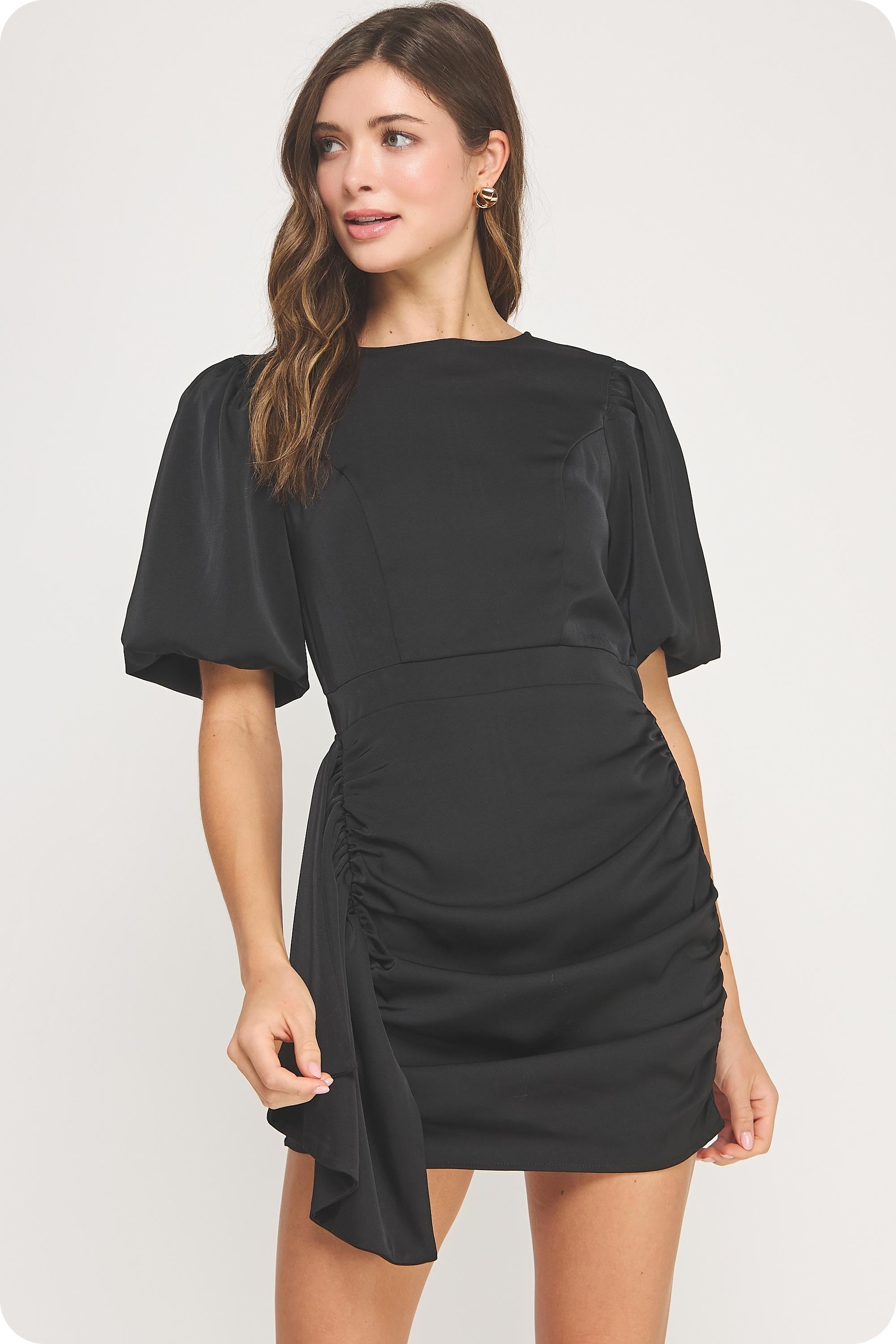 Hana Black Round Neck Puff Sleeve Mini Dress