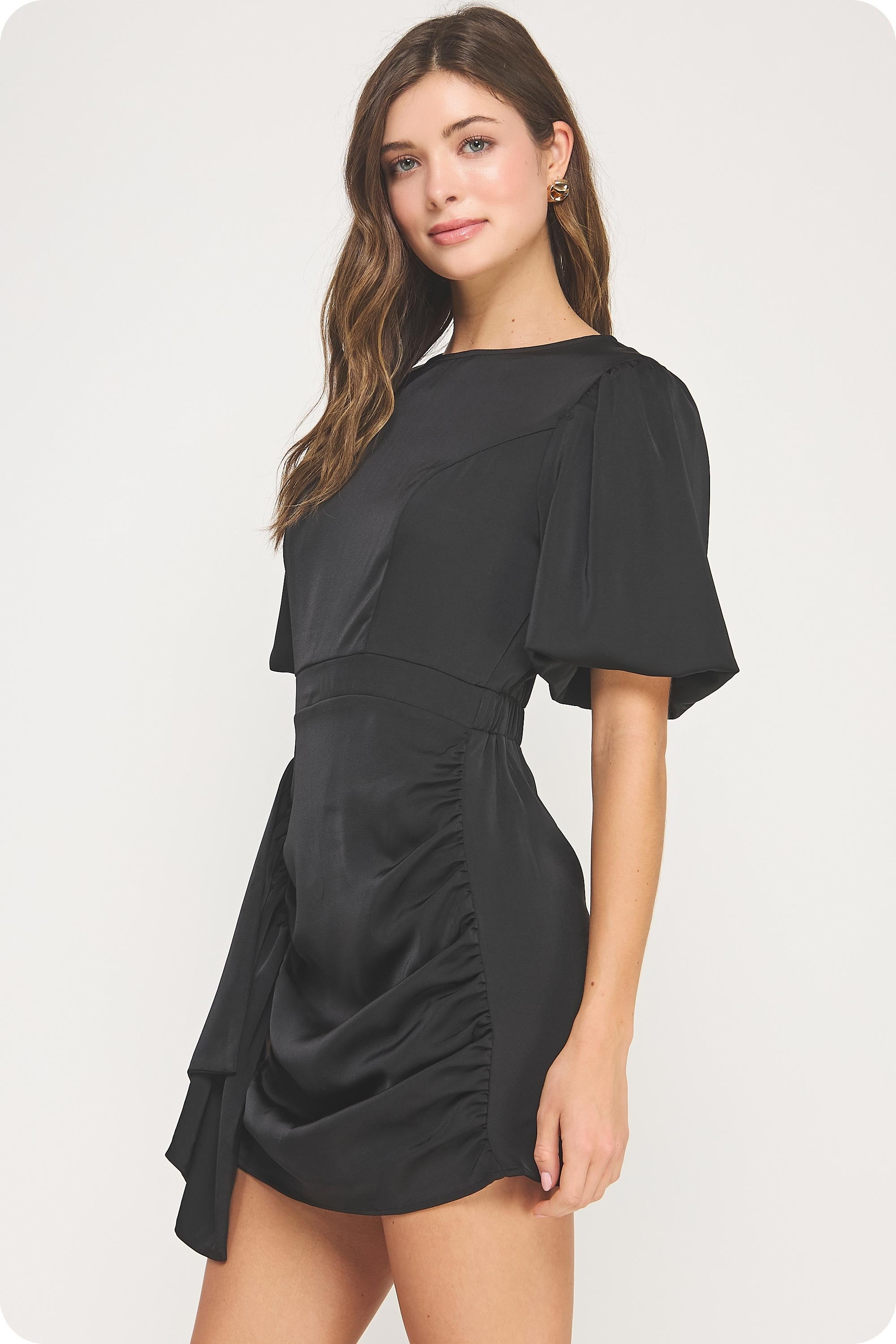 Hana Black Round Neck Puff Sleeve Mini Dress