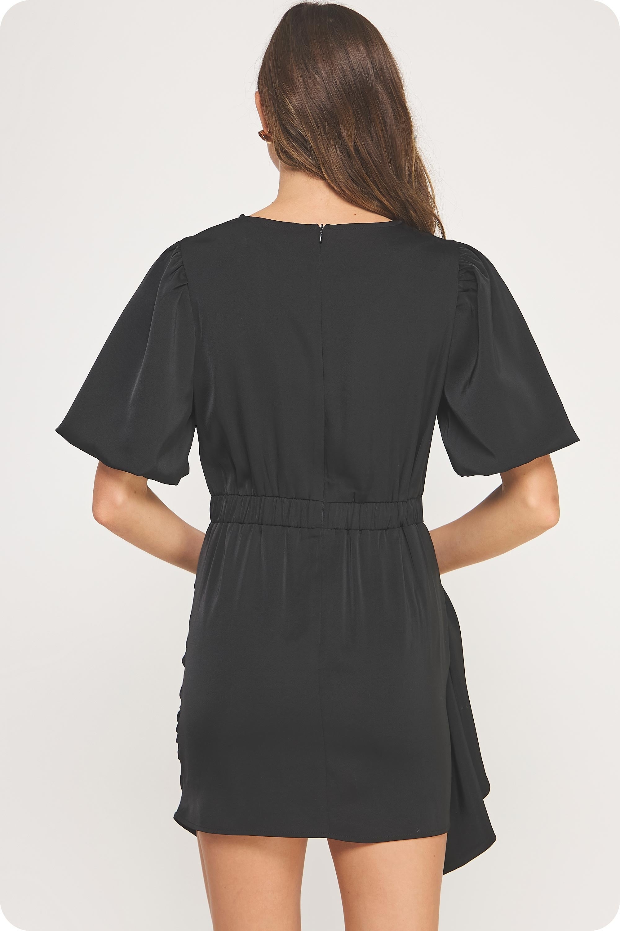 Hana Black Round Neck Puff Sleeve Mini Dress
