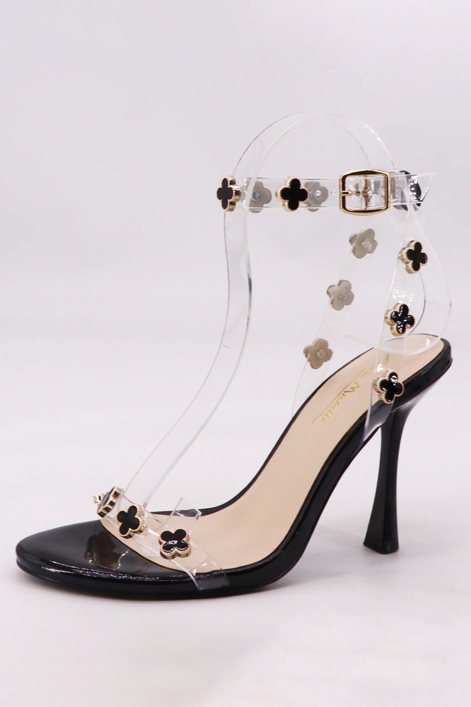 Clover Black Open Toe Ankle Strap With Slender Heel Shoe