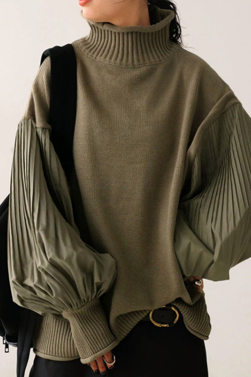 Odette Olive Pleated Sleeve Sweaer