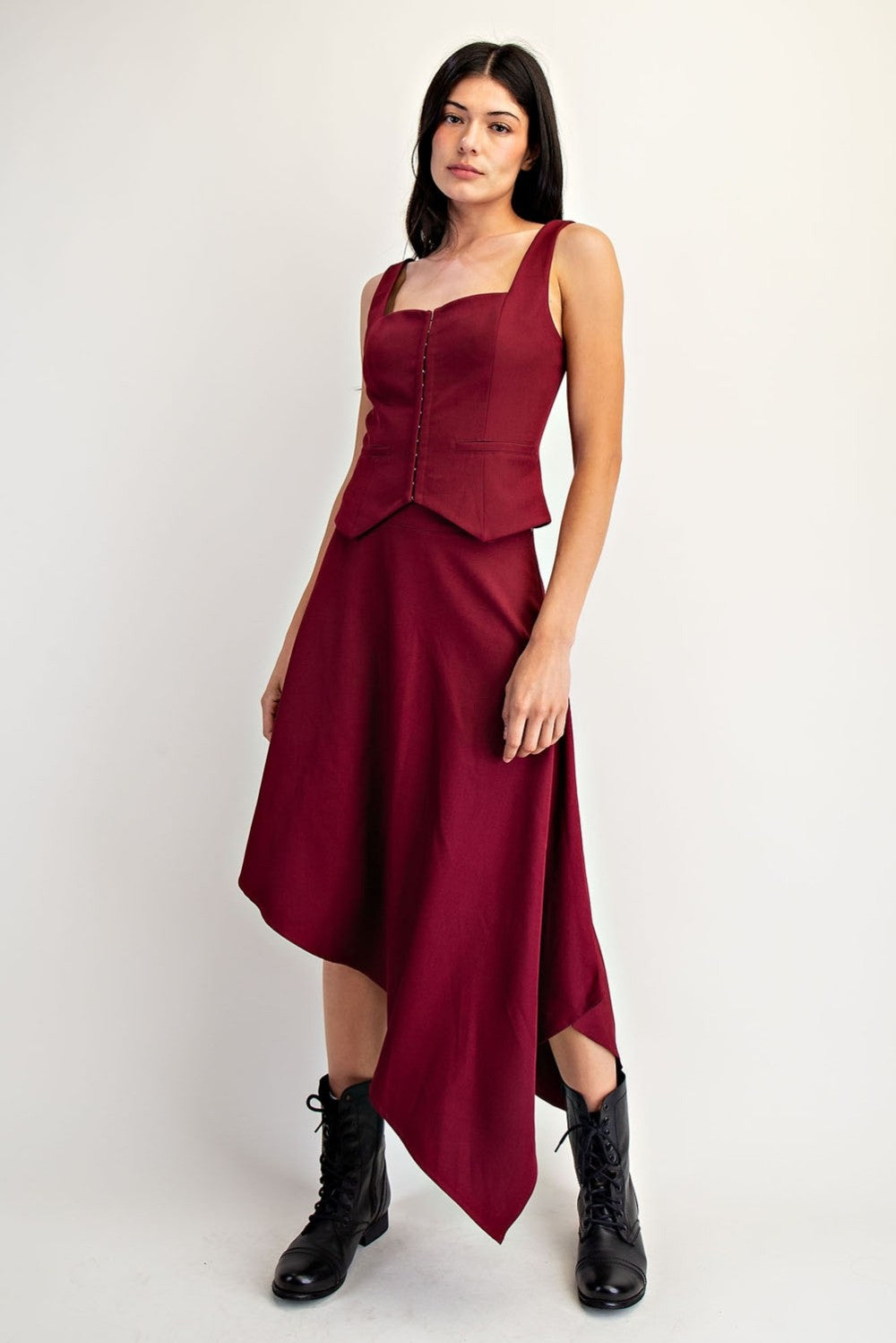 Juliette Burgundy Asymmetrical Midi Skirt