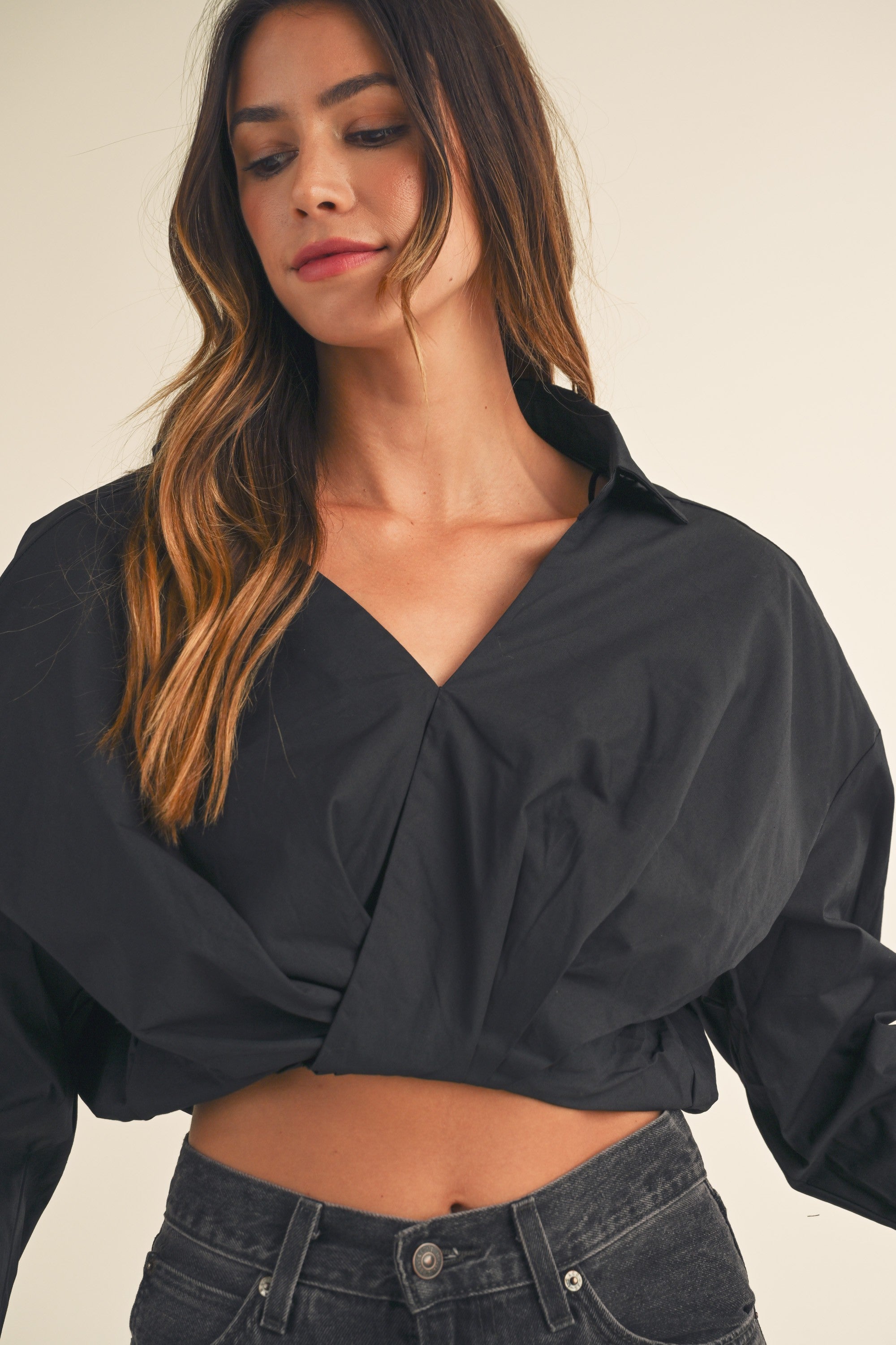 Elise Black Long Sleeve V Neck Crop