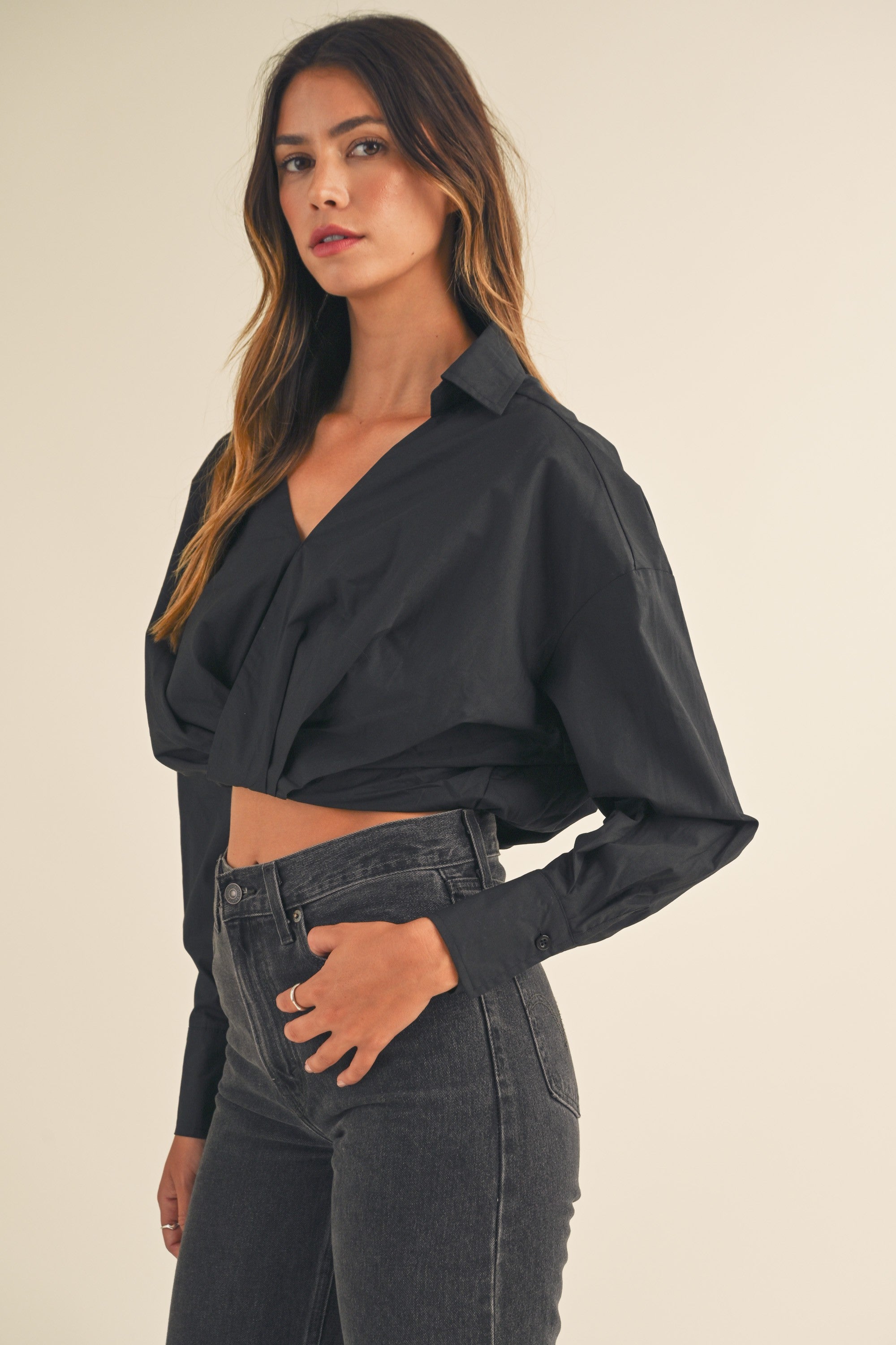 Elise Black Long Sleeve V Neck Crop