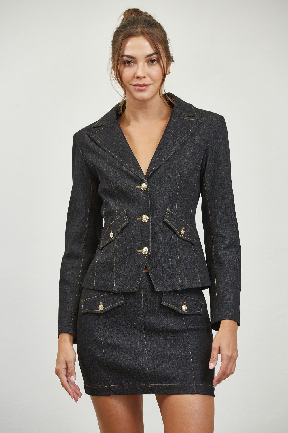 Hope Dark Denim Fitted Blazer With Gold Buttons