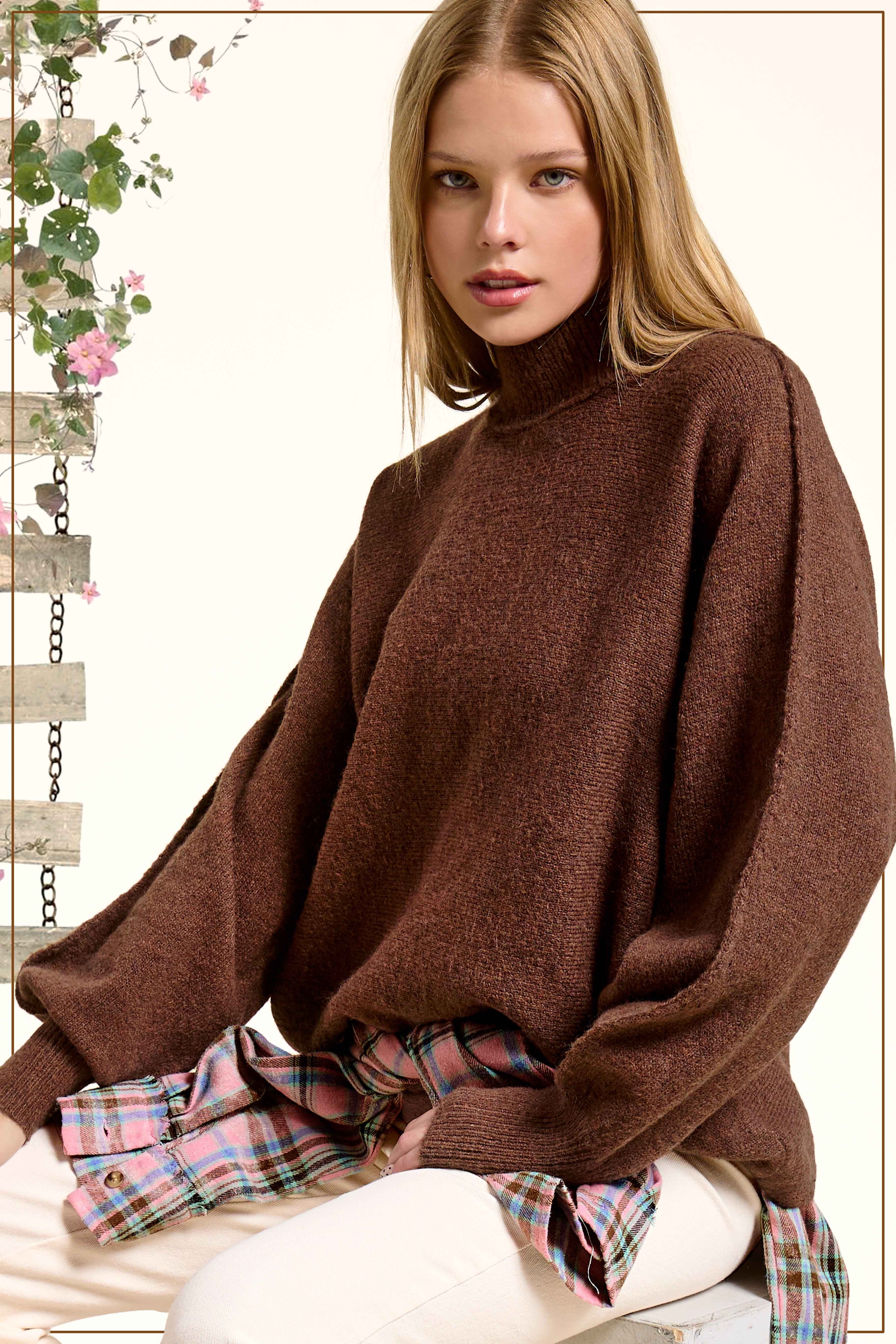 Glenn pecan brown mock neck balloon sleeve sweater