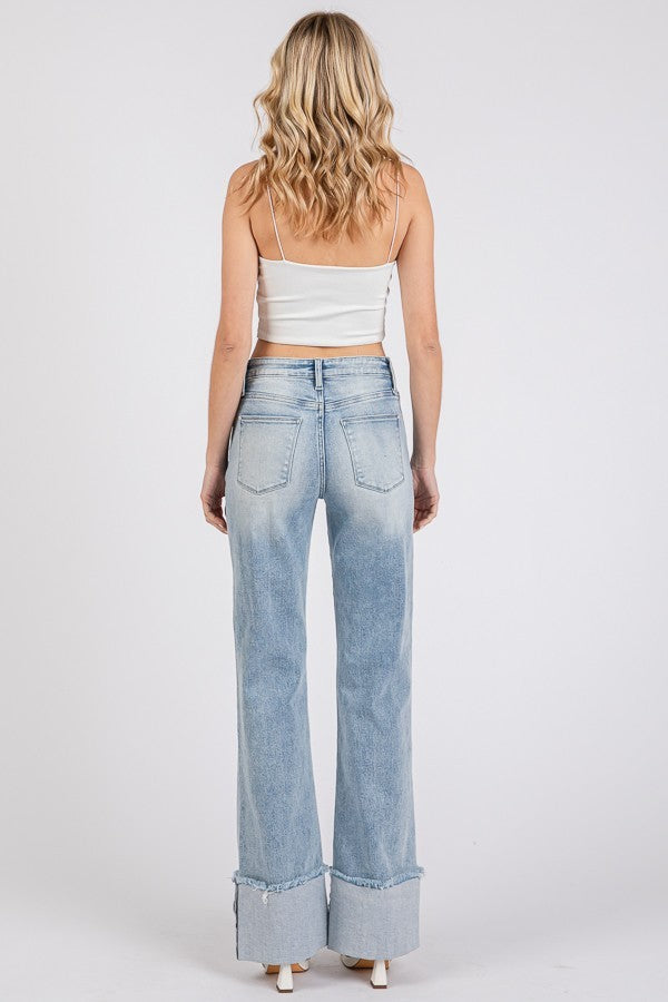 Jem light wash high rise big cuff flare with destruction