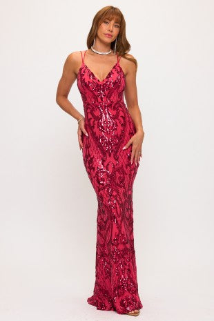 Adina hot pink mesh and sequin body con maxi dress