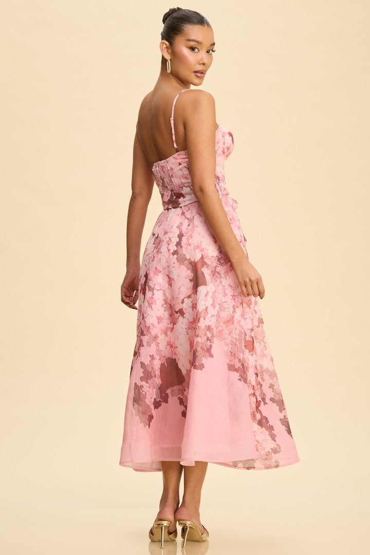 Lyra Pink floral print belted midi dress